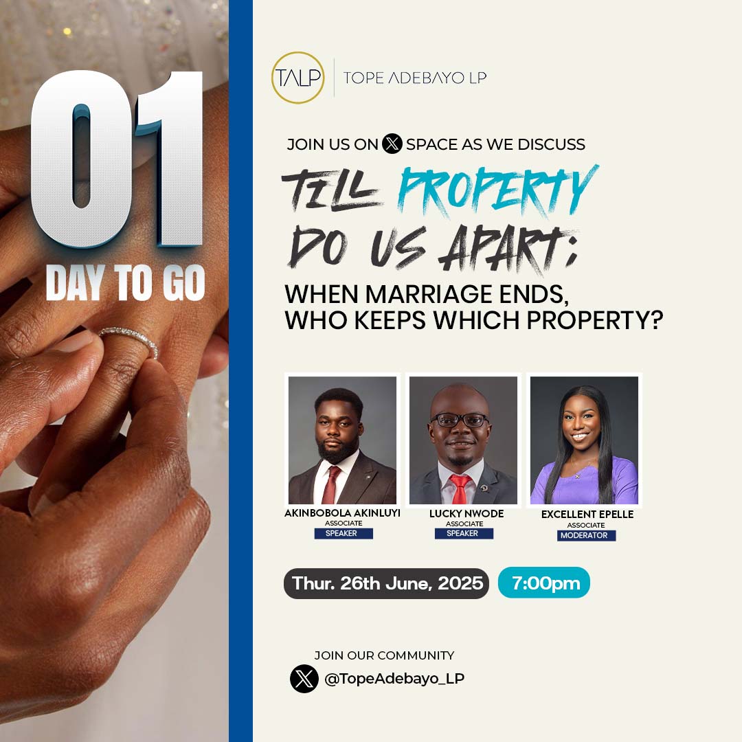 TopeAdebayo_LP's tweet image. 1 day left!

Join seasoned dispute resolution lawyers in our X Space as they unpack property settlement in matrimonial law.

Discover how Nigerian courts divide assets!

Click the link below to set a reminder.

x.com/i/spaces/1mnxe……

#DivorceLaw #PropertySettlement