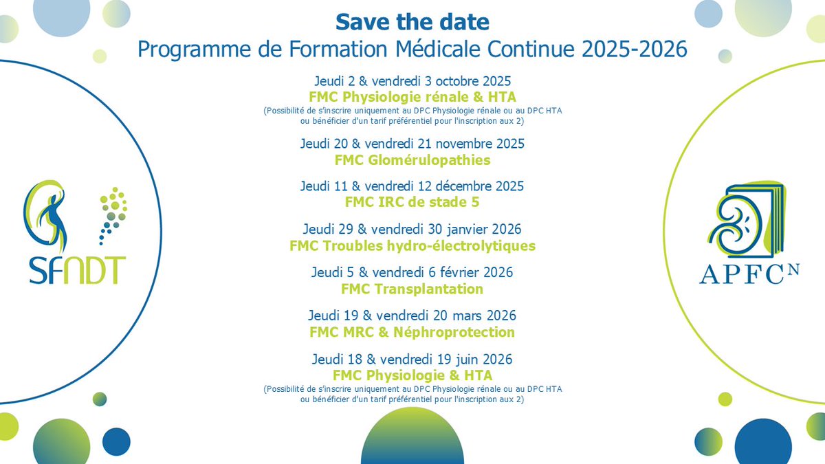 📢 𝗔 𝘃𝗼𝘀 𝗮𝗴𝗲𝗻𝗱𝗮𝘀
Découvrez le 𝗣𝗿𝗼𝗴𝗿𝗮𝗺𝗺𝗲 𝟮𝟬𝟮𝟱-𝟮𝟬𝟮𝟲  de 𝗙𝗼𝗿𝗺𝗮𝘁𝗶𝗼𝗻 𝗠𝗲́𝗱𝗶𝗰𝗮𝗹𝗲 𝗖𝗼𝗻𝘁𝗶𝗻𝘂𝗲 de l'APFCn 🏃‍♀️
Nous vous rappelons que ces formations se passent en classe virtuelle, les après-midis de 14h00 à 18h00
#FMC #sante #nephrologie
