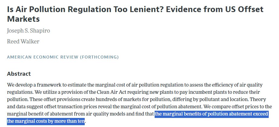Top research that ought to be heeded: marginal benefits of stricter pollution regulations are 10x the marginal costs!

Yet right now, the Trump administration is gutting the same pollution regulations.