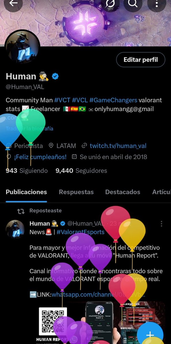 Human_VAL's tweet photo. Tenemos globos en el perfil 🎉🎉.

Hoy no es un cumpleaños cualquier, hoy inicia #VCLatam y trnrmos Co-Stream.

Espero me puedan acompañar el día de hoy en un stream cumpleañero. https://t.co/lcUobRXYvW