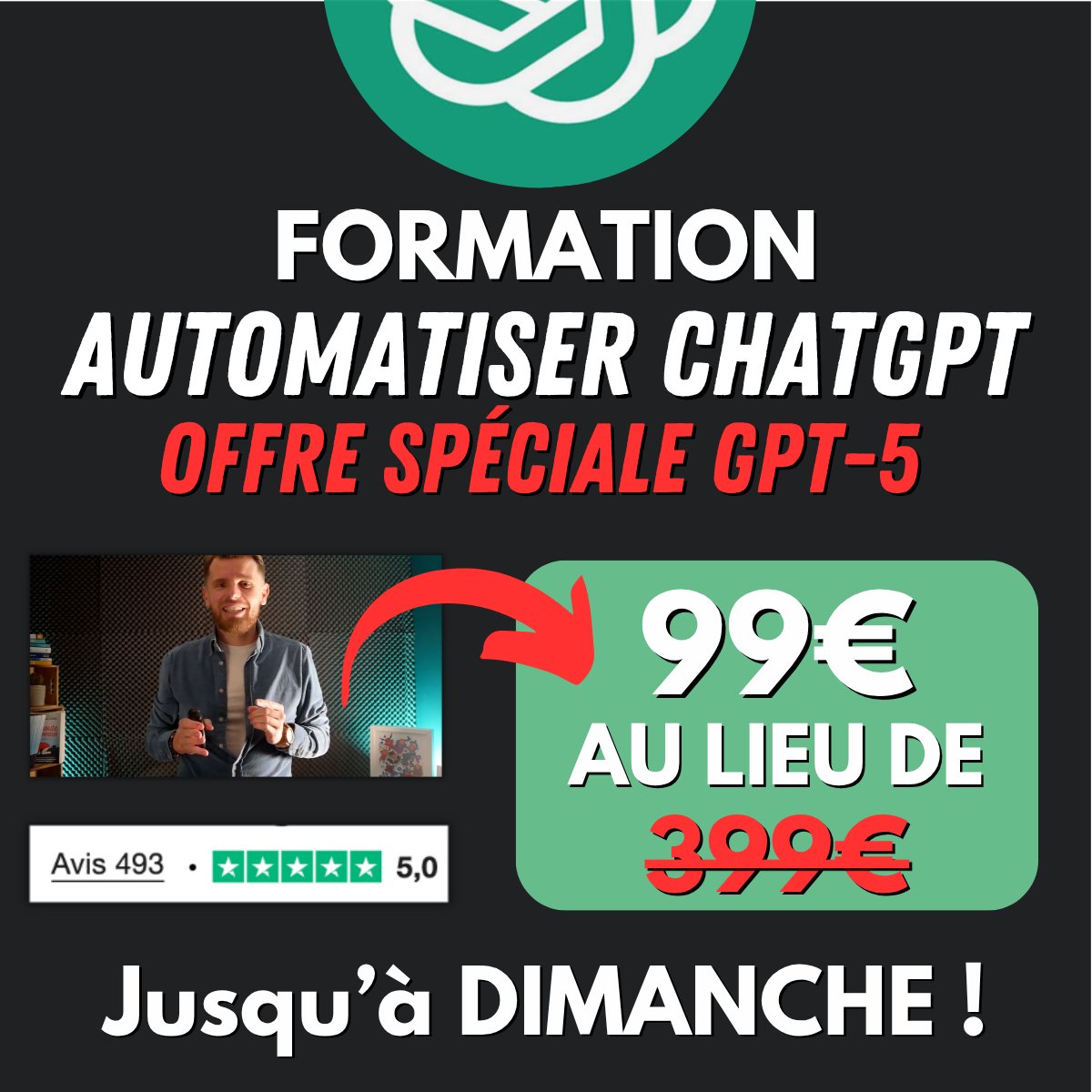 #GPT5 arrive et pour l'occasion, vous pouvez profiter de ma formation Automatiser #ChatGPT à 99€ au lieu de 399€ → offre.ludosln.net/formation-chat…

Mais attention, la promo s'arrête DIMANCHE ⚠️🚨

Elle est notée 5/5 sur Trustpilot : fr.trustpilot.com/review/slnweb.…

Ne tardez pas 😀