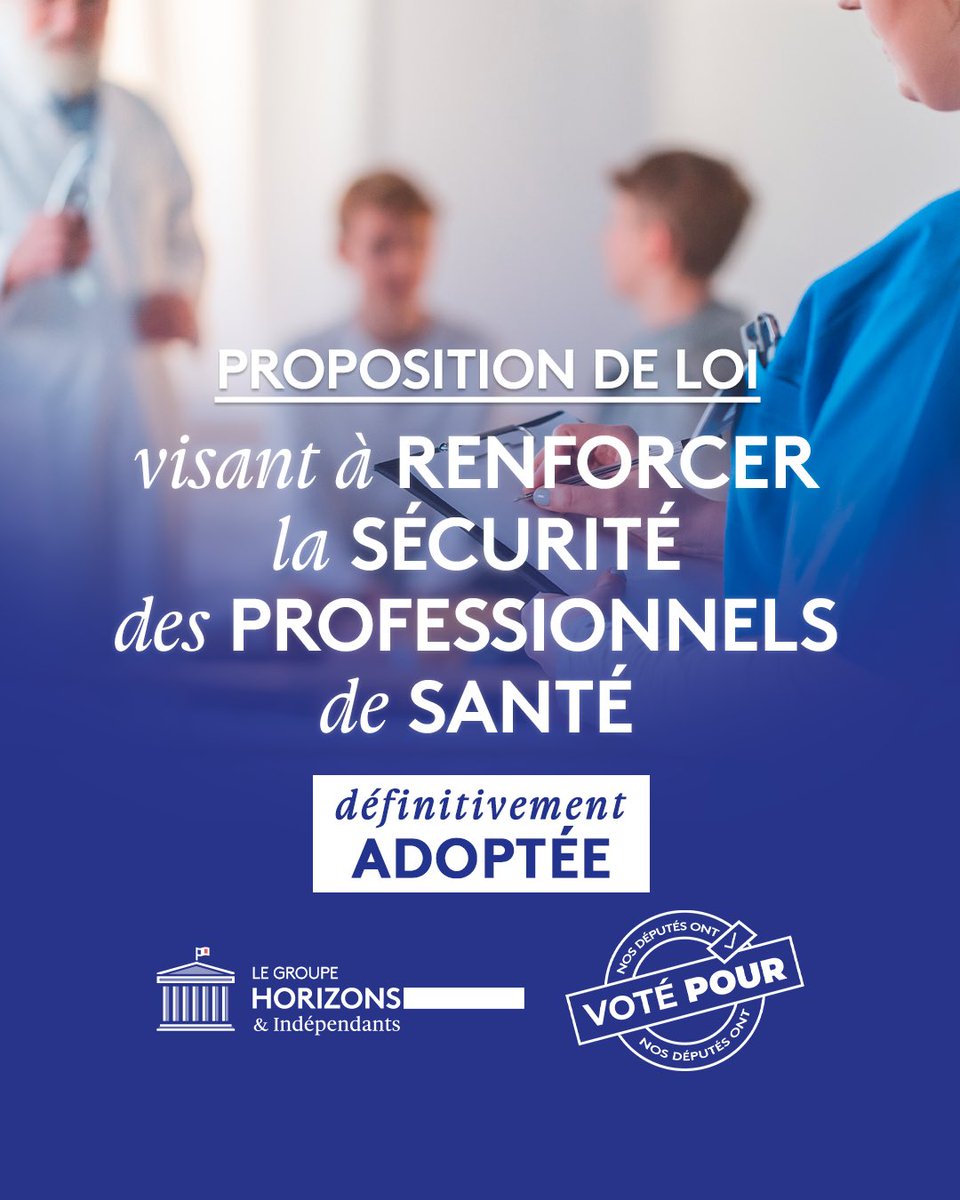 🏛️✅ Après un vote unanime des deux chambres du Parlement, la proposition de loi pour renforcer la sécurité des professionnels de santé est définitivement adoptée !

Face à l’escalade inacceptable de la violence contre nos soignants, il était impératif d'agir pour garantir leur