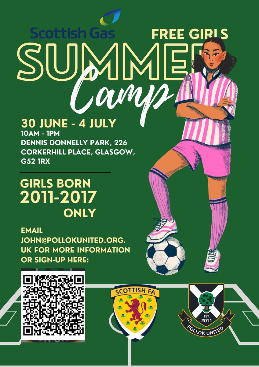 PollokUtdS_A's tweet image. ⚽Girls born 2011–2017 – join our FREE summer football camp!
📅 30 June–4 July
🕙 10AM–1PM
📍 Dennis Donnelly Park, G52 1RX
⚠️ Spaces are limited – sign up now: forms.cloud.microsoft/e/0LcV6jE6Z7
#PollokUnited #GirlsFootball