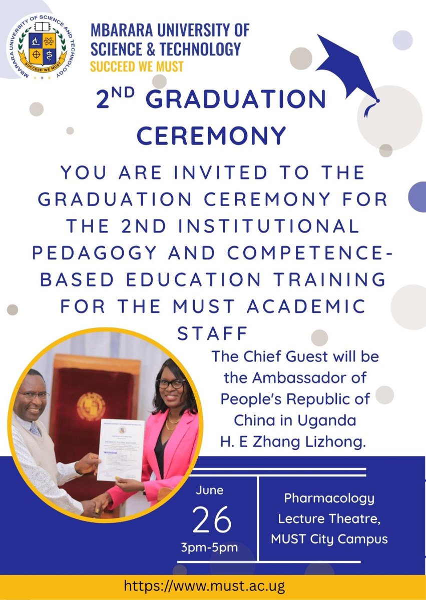 You're invited to the 2nd MUST Pedagogy Graduation!
June 26, 3–5PM | MUST town Campus
Guest: Chinese Ambassador H.E Zhang Lizhong
Be part of the celebration!
<a href="/ChineseEmb_Uga/">Chinese Embassy in Uganda</a> 
<a href="/MbararaUST/">Mbarara University</a>