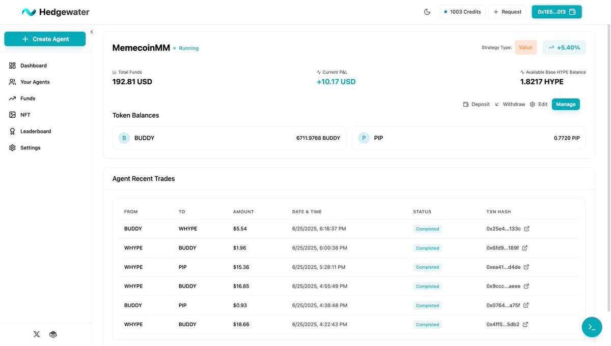 HedgewaterDAO's tweet image. Running a custom market making strategy on $PIP and $BUDDY
Built with zero coding knowledge — just plain english !
Less than 24hrs.
Up +5.4%
Agent wallet: 0x02aa35EFA3C204b896b28C3fB005460e28938649
Retweet & comment for early access.