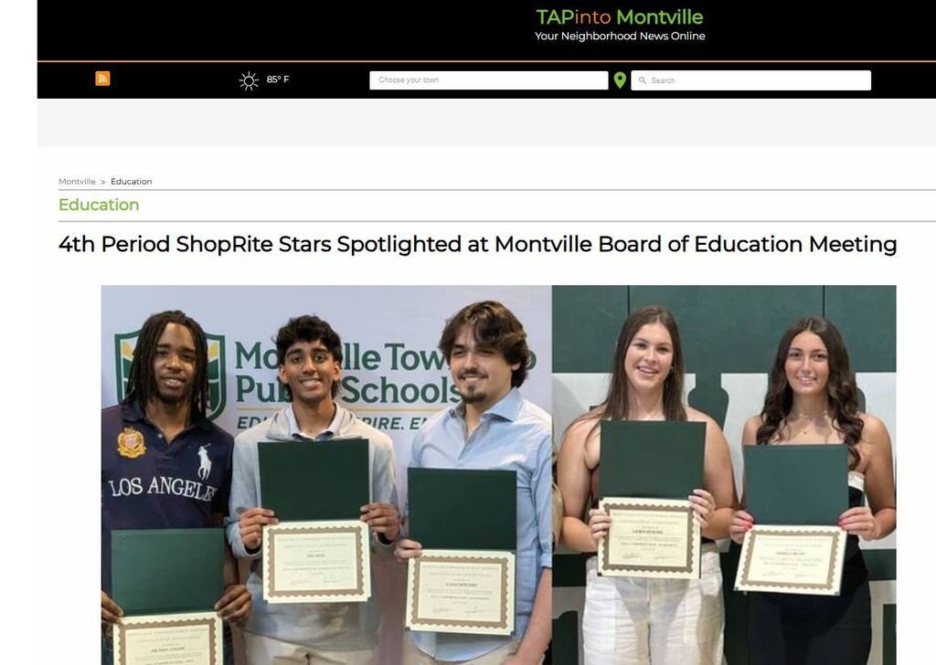 HEADLINE NEWS! #MTHS 4th Quarter ShopRite Stars! #MustangPride! Congrats! #MTHS Seniors 
Michael Collins-Arts., Ved Patel-Community Service, Logan Rendeiro-Leadership, Lauren Kideckel-Academics, Daniella Biggio-Athletics. MORE at #MontvilleTAP: montville.net/mthsshopritest…
