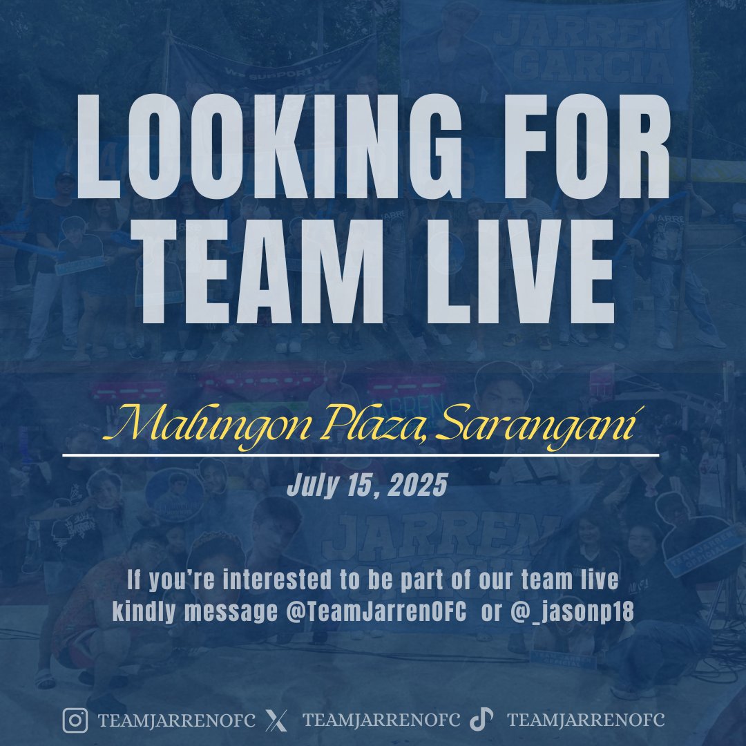 TEAM JARREN OFFICIAL ๐ฌ๐ง (@teamjarrenofc) on Twitter photo Join the excitement with Team Live! Weโre looking for team live in Malungon Plaza, Sarangani this July 15, 2025. Donโt miss your chance. Send a message to <a href="/TeamJarrenOFC/">TEAM JARREN OFFICIAL ๐ฌ๐ง</a> and <a href="/_jasonp18/">Jasonโจ| MIMS MV</a> now!
#JarrenGarcia | JarrenGarcia Join the excitement with Team Live! Weโre looking for team live in Malungon Plaza, Sarangani this July 15, 2025. Donโt miss your chance. Send a message to <a href="/TeamJarrenOFC/">TEAM JARREN OFFICIAL ๐ฌ๐ง</a> and <a href="/_jasonp18/">Jasonโจ| MIMS MV</a> now!
#JarrenGarcia | JarrenGarcia