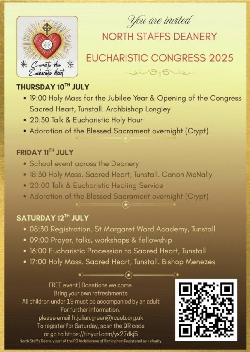 Below is an invitation to Eucharistic Congress taking place on Thursday 10th July - Saturday 12th July, based at the Sacred Heart Church and St Margaret Ward Catholic Academy🌟