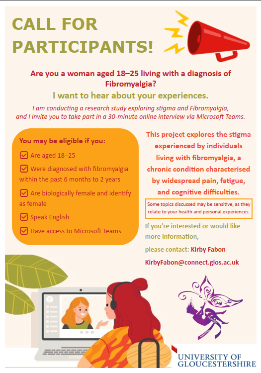 Fibromyalgia Action UK (@fmauk) on Twitter photo RESEARCH OPPORTUNITY
If you are interested in this research study please
email Kirby Fabon at:- : Kirbyfabon@connect.glos.ac.uk
they are looking for 10 participants RESEARCH OPPORTUNITY
If you are interested in this research study please
email Kirby Fabon at:- : Kirbyfabon@connect.glos.ac.uk
they are looking for 10 participants