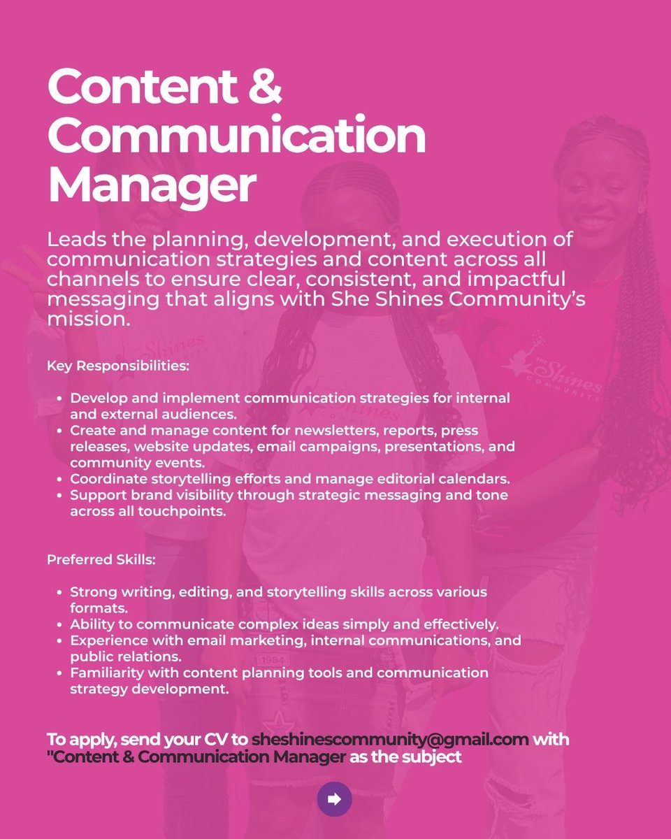 SheShines___'s tweet photo. We’re looking for creative, committed volunteers passionate about empowering girls &amp; young women!
Apply by sending your CV to Sheshinescommunity@gmail.com
Tag someone who should see this.
#SheShinesCommunity #Volunteers #EmpowerHer #GirlsLead https://t.co/10MMRg1tav