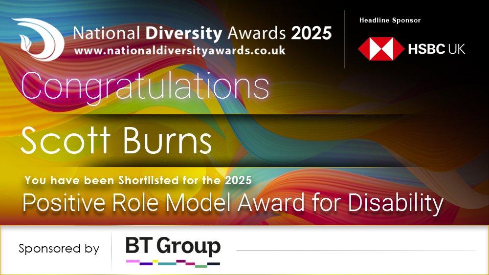 Scott Burns has been shortlisted for the Positive Role Model Award for Disability at the National Diversity Awards 2025 in association with <a href="/HSBC_UK/">HSBC UK</a>!! Congratulations Scott #NDA #NDA25 #ShortlistedNominee #PositiveRoleModel <a href="/bt_uk/">BT</a>