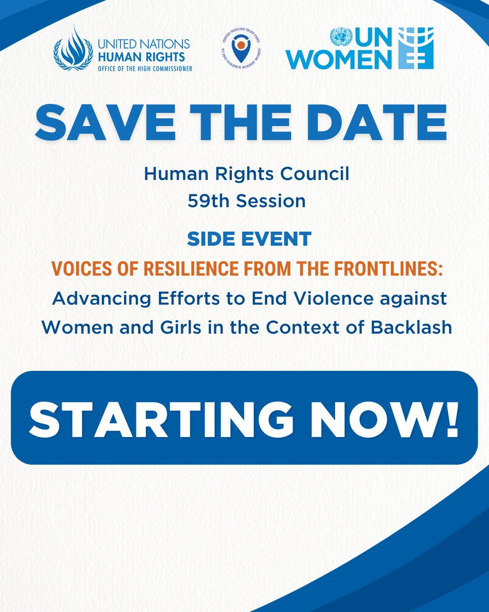 UNTrustFundEVAW's tweet photo. Starting now! 📣
Our #HRC59 side event with @UNHumanRights & @unwomengeneva - moderated by Stefania Tripodi from @UNHumanRights – featuring:
🔸Hala Al Karib - @Sihanet
🔸@AdrianaBenjume1 - @corphumanas
🔸Veprore Shehu - #MedicaKosova
🔸@AdriQuinonesG -@unwomengeneva
🔸Tanya Ghani - @UNTrustFundEVAW