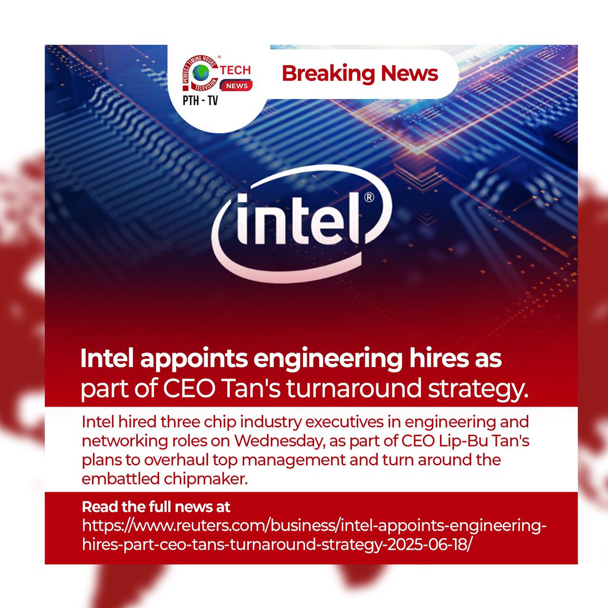 Intel appoints engineering hires as part of CEO Tan's turnaround strategy

Read the full news at reuters.com/business/intel…

Intel hired three chip industry executives in engineering and networking roles on Wednesday, as part of CEO Lip-Bu Tan's plans