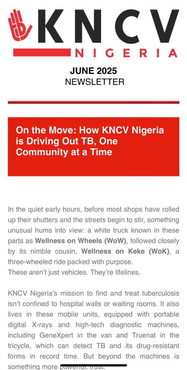 The June edition of the KNCV Nigeria Newsletter is out now! 📬

👉 Don’t miss out!
📖 Read the newsletter
🔗 eepurl.com/jhOe46
📢 Share with your network and help us spread awareness!

#KNCVNigeria #PublicHealth #EndTB #HealthForAll #JuneNewsletter #CommunityImpact