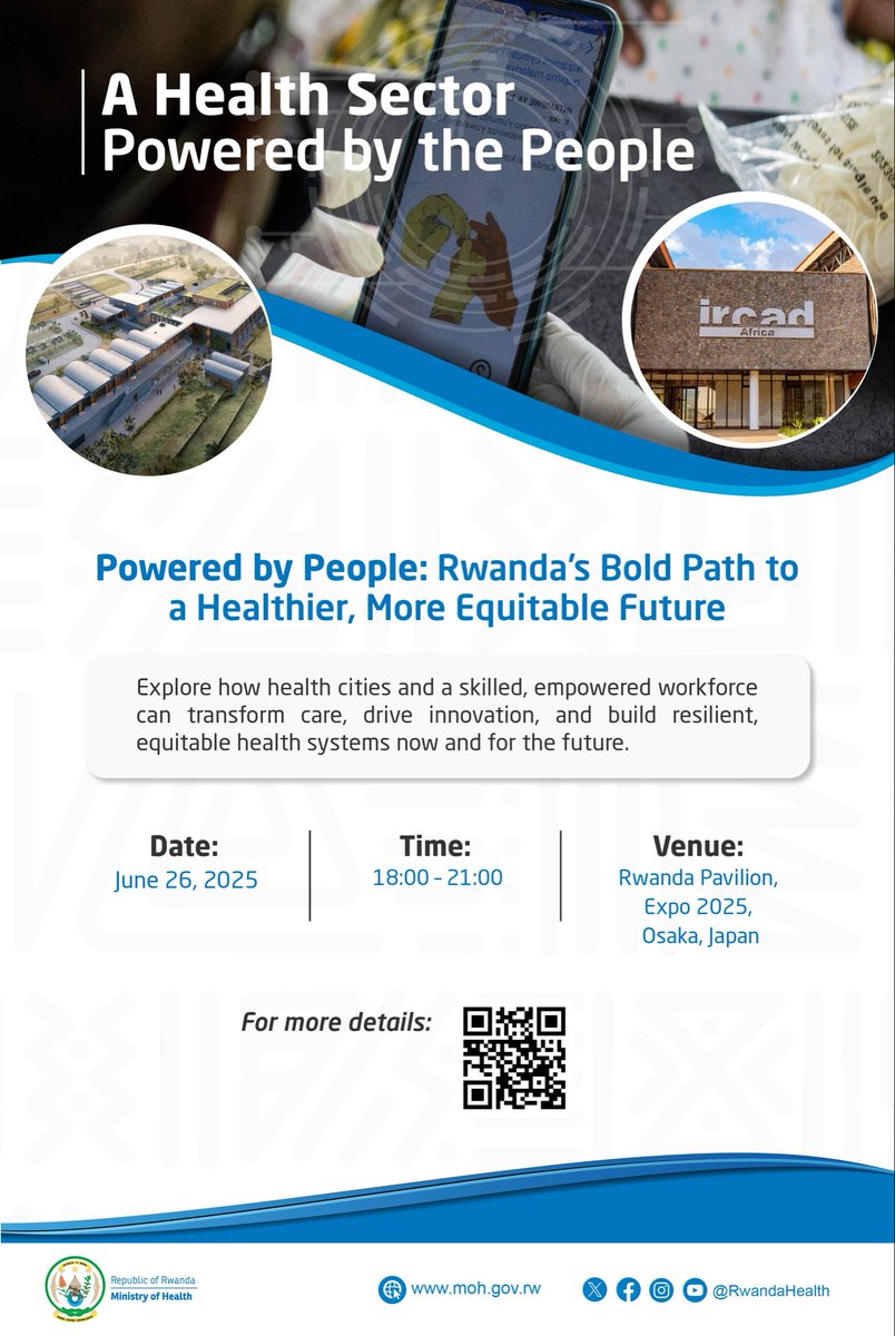 Tomorrow <a href="/RwandaHealth/">Ministry of Health | Rwanda</a> will host a session on “A Health Sector Powered by the People” at the Theme Weeks Studio at <a href="/expo2025japan/">Expo 2025 Osaka Kansai</a>.

The session will highlight how Rwanda is building a resilient &amp; equitable health system home.

Follow live: theme-weeks.expo2025.or.jp/en/program/det…

#RwandaExpo2025