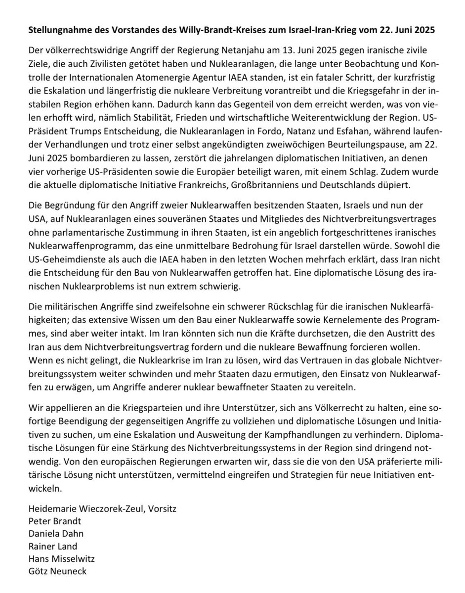 Lesenswerte Erklärung des Willy-Brandt-Kreises zum Israel-Iran-Krieg: willy-brandt-kreis.de/pdf_2025/Stell…