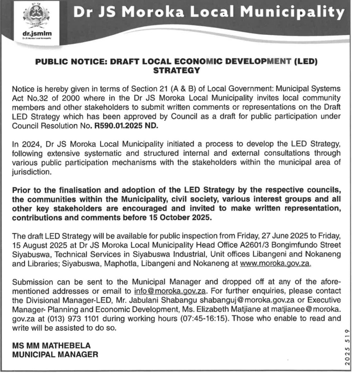 Public Notice: Draft Local Economic Development (LED) Strategy 

To access the draft LED Strategy please follow the link: 

moroka.gov.za/wp-content/upl…
