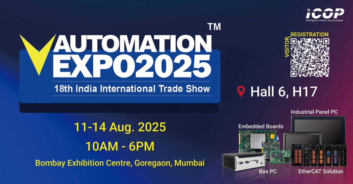 📣 Upcoming Event : Automation Expo 2025 in India!

#ICOP is heading to Mumbai for #AutomationExpo2025, Aug 11–14, 2025.

📍: Bombay Exhibition Centre
📆 : August 11–14, 2025
📌: Hall 6, H17

🔹 EtherCAT (QEC)
🔹 Embedded PCs: EBOX / PPC / SBC
🔹 Automation, IIoT, AI &amp; more