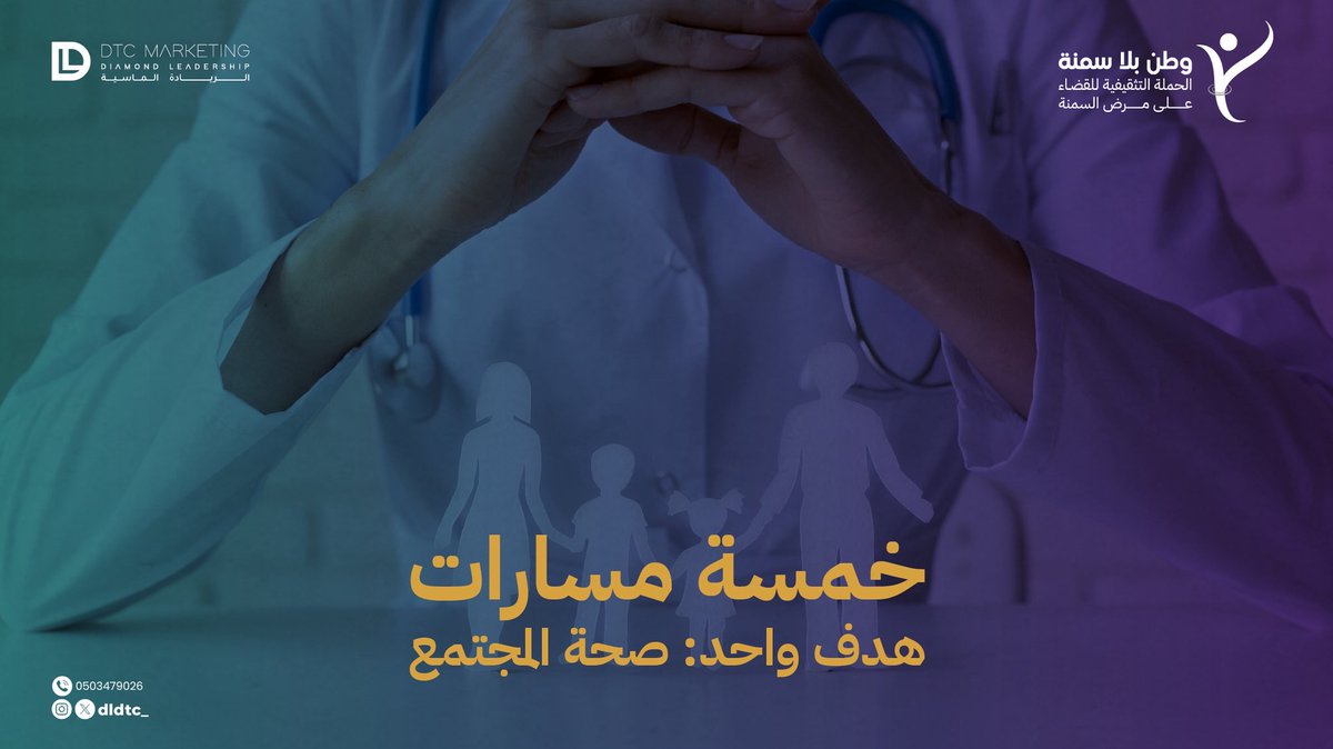 أقسام حملة #وطن_بلا_سمنة:
1- التوعية الصحية عبر الوسائط والمنصات

2-القياسات الوقائية والفحص الميداني

3- التدخل العلاجي للفئات المعرضة

4- التطوع الصحي وتمكين المتطوعين

5-البحث العلمي وتحليل بيانات السمنة
 #الوعي_الصحي #خدمة_المجتمع