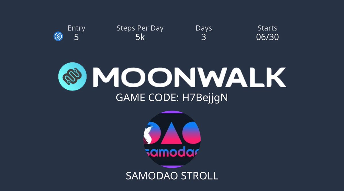 Samo_DAO's tweet image. 🐾 SamoDAO is stepping up—literally!
Join us in the latest Moonwalk challenge with @moonwalkfitness and earn by moving.
Walk, win, and rep the $SAMO spirit 🐶👇
First game starts 30th of June!
app.moonwalk.fit/game/H7BejjgN