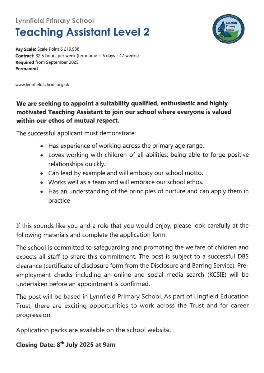 WE ARE HIRING!!

We are looking for a Teaching Assistant to join our supportive and friendly team. 

Information available on the school website: lynnfieldschool.org.uk