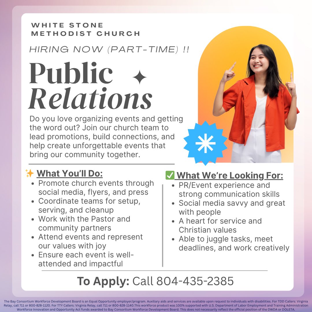 Whitestone Methodist Church is hiring!
#hiring #virginiacareerworks #bayconsortium