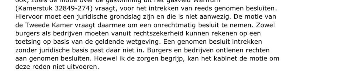 Demissionair ⁦<a href="/MinisterKGG/">Sophie Hermans</a>⁩ gaat de motie van ⁦<a href="/SandraBeckerman/">Sandra Beckerman</a>⁩ om de gaswinning in Warffum te stoppen niet uitvoeren. Ze heeft er geen juridische basis voor om de winningsvergunning voor de NAM in te trekken zegt ze.