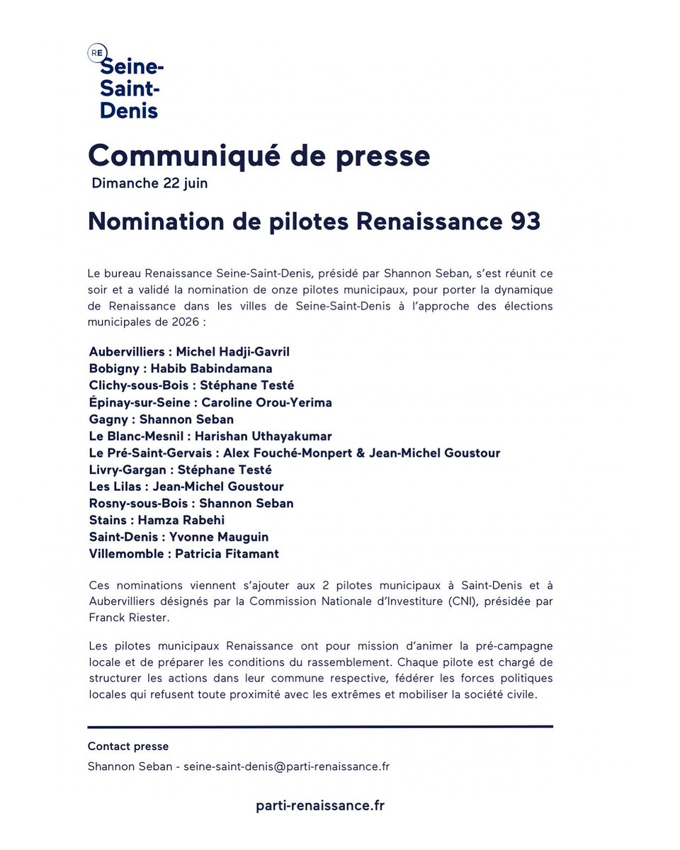 🚀 Nous sommes très heureux de vous dévoiler nos premiers pilotes municipaux pour les élections municipales de 2026 !

Cette première série de nominations témoigne de notre engagement à renforcer notre présence sur le territoire Séquano-Dyonisien.

#municipales