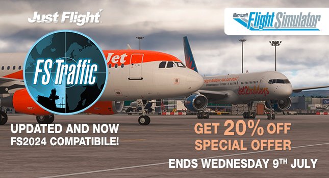 FS Traffic has been updated and is now fully compatible with FS2024. 

Current users can head to their account, redownload and install to FS2024.

Offer! New purchasers can get 20% off until July 8th!

Full details are here: justflight.com/articles/fs-tr…

#msfs2024
#msfs2020