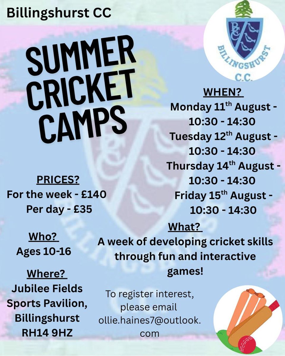 Billingshurst PC (@billingshurstpc) on Twitter photo Our <a href="/BillingshurstCC/">BillingshurstCC🏏💙</a> are holding Summer Cricket Camps at Jubilee Fields. See poster below for more details on prices and how to book 🏏🏏🏏 Our <a href="/BillingshurstCC/">BillingshurstCC🏏💙</a> are holding Summer Cricket Camps at Jubilee Fields. See poster below for more details on prices and how to book 🏏🏏🏏
