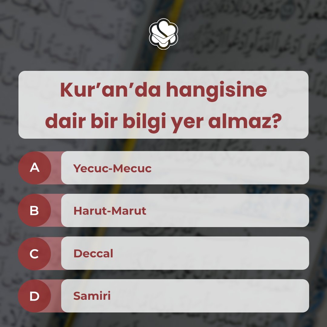 ❓Kur’an’da hangisine dair bir bilgi yer almaz?

📌Cevaplarınızı yorumlara bekliyoruz.