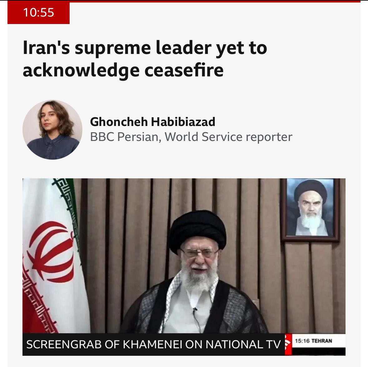 GhonchehAzad's tweet image. Amid all the unconfirmed reports about the whereabouts and health of the person regarded as Iran’s most powerful figure, the country’s Supreme Leader, Ayatollah Ali Khamenei, is yet to acknowledge the ceasefire.
bbc.co.uk/news/live/c20x…