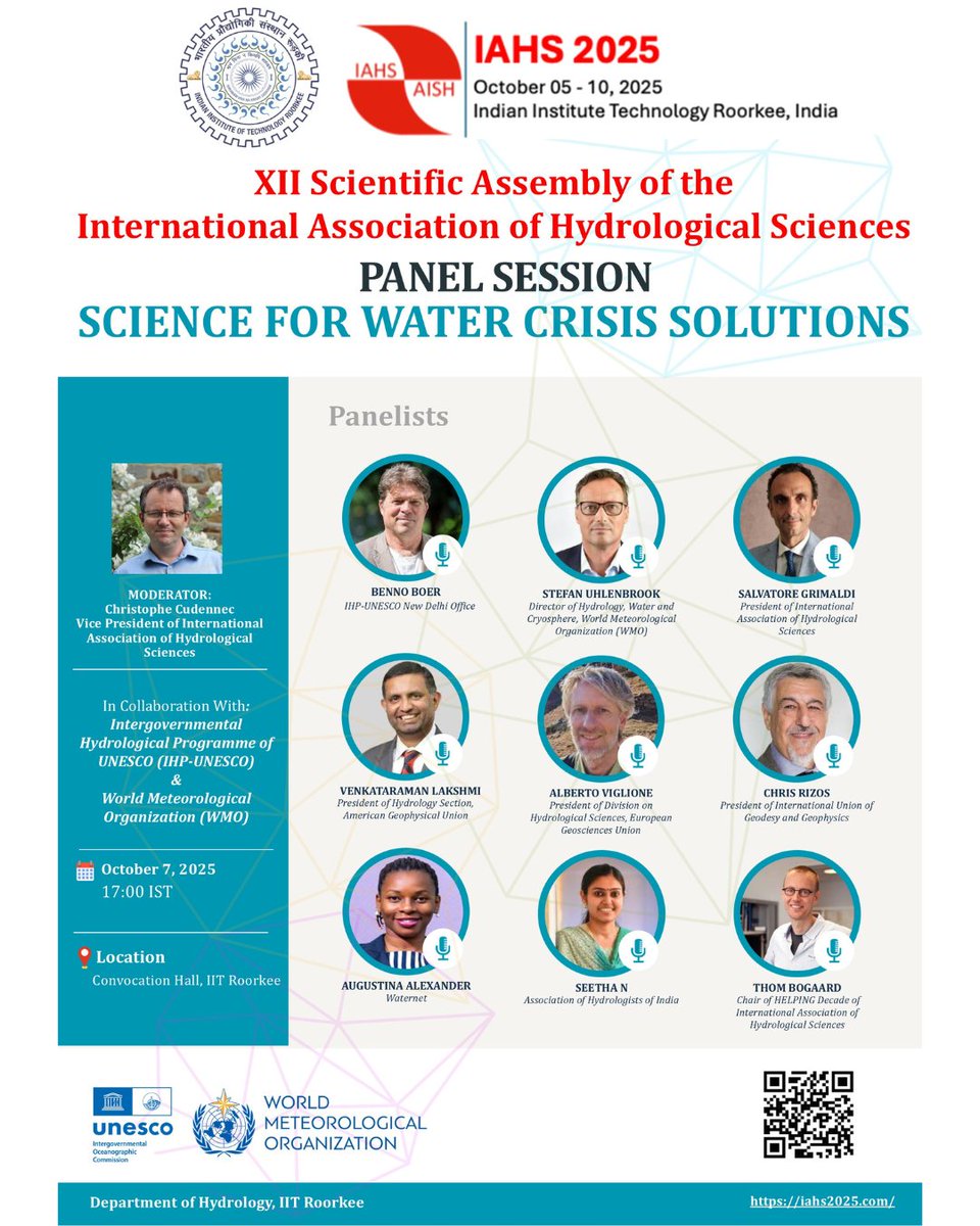 IIT Roorkee (@iitroorkee) on Twitter photo Global Panel on Water Crisis Solutions at #IAHS2025, IIT Roorkee!
Date: Oct 7 | Time: 5PM
Top scientists from IAHS, WMO & UNESCO-IHP discuss climate-driven water challenges & solutions.
Hosted by <a href="/iitroorkee/">IIT Roorkee</a> with NIH, IRI & CBRI.
#WaterCrisis #Hydrology #UNESCO #WMO #IITR Global Panel on Water Crisis Solutions at #IAHS2025, IIT Roorkee!
Date: Oct 7 | Time: 5PM
Top scientists from IAHS, WMO & UNESCO-IHP discuss climate-driven water challenges & solutions.
Hosted by <a href="/iitroorkee/">IIT Roorkee</a> with NIH, IRI & CBRI.
#WaterCrisis #Hydrology #UNESCO #WMO #IITR