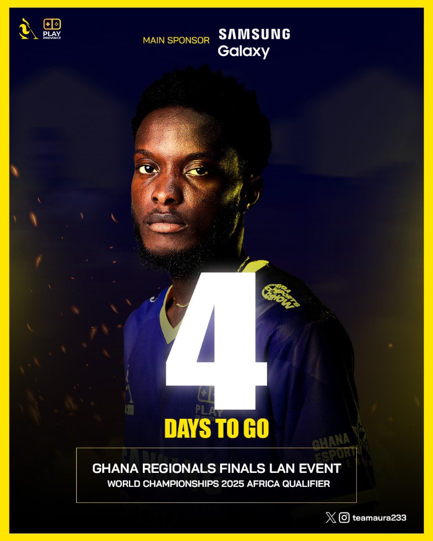 🔥 4 Days to Go! 🔥
Get ready for the ultimate showdown at the Ghana Regionals Finals LAN Event – the gateway towards the World Championships 2025 Africa Qualifiers!

📍 Follow the journey: <a href="/teamaura233/">Aura 233</a>

#RoadToWorlds #PlayProvince #aura233 #EsportsAfrica #GhanaEsports