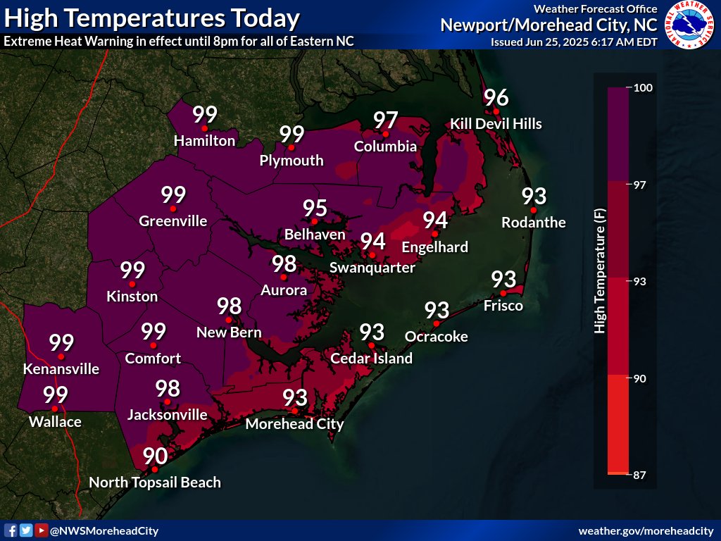 NWSMoreheadCity's tweet photo. [6/25/25 6:20 PM]
Another very hot day in store, with strong to severe t-storms possible this afternoon through the evening. Stay cool, have ways to receive warnings, and be #WeatherReady!
#ncwx #heat #thunderstorm https://t.co/utzuk7oqlN