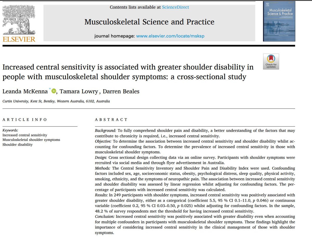 MSKPhysioJnl's tweet photo. 📌 New research found increased central sensitivity was positively associated with greater shoulder disability in people with musculoskeletal shoulder symptoms. Findings underscore the value of addressing #CentralSensitivity in clinical management. https://t.co/n9iCrVWjkg https://t.co/BPo7bUvvme