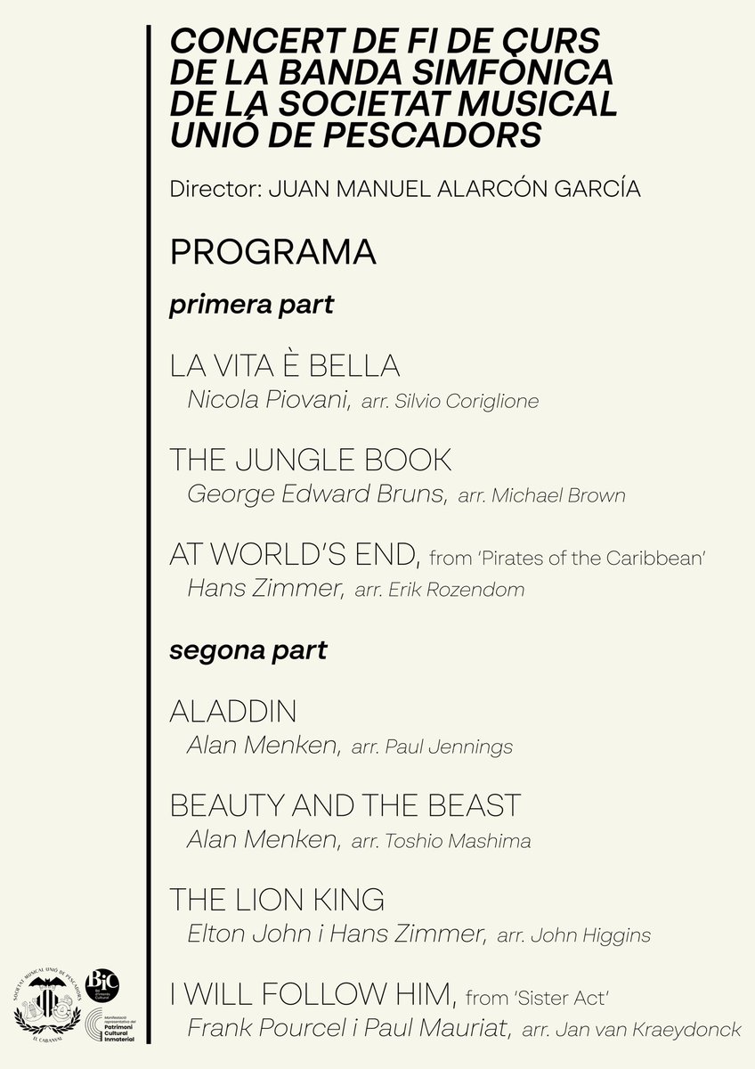 Aquest diumenge 29 de juny, la Banda Simfònica de l'#SMUP torna al carrer. Amb un concert de pel·lícula.

📍 A les portes de #ElCasinet. c/. José Benlliure, 272
🕥 10:30h
🎟️ Entrada lliure. Localitats limitades

#música #bandesdemúsica #bandesdelMarítim #OST #BSO #film #Cabanyal