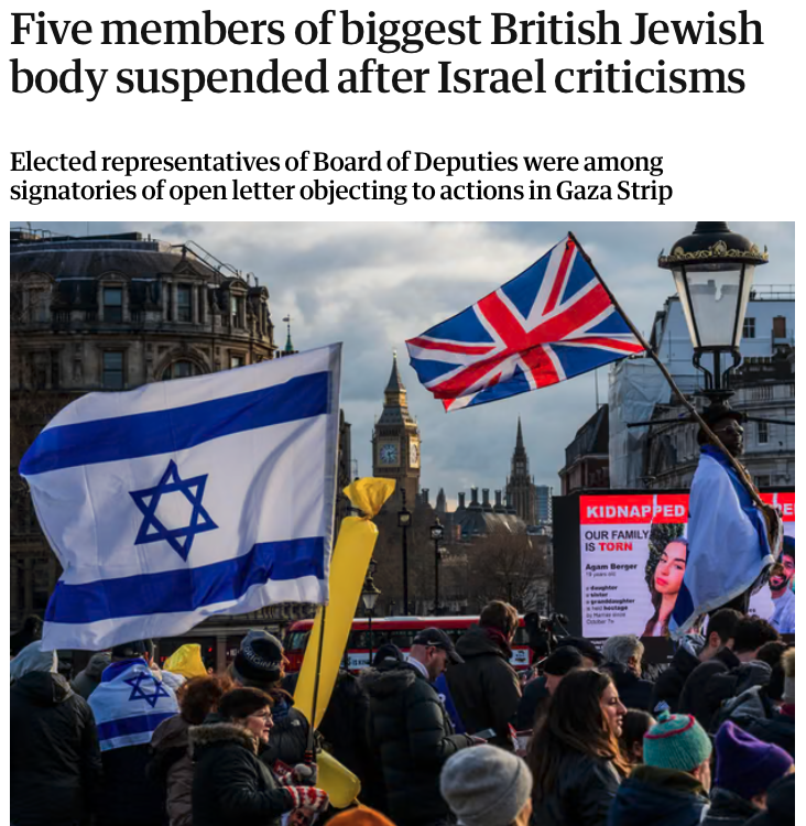 The Board of Deputies of British Jews suspends five of its elected members who criticised Israel for slaughtering and maiming many 10,000s of children in Gaza.

Remember that the next time the Board accuses someone critical of Israel of being antisemitic.