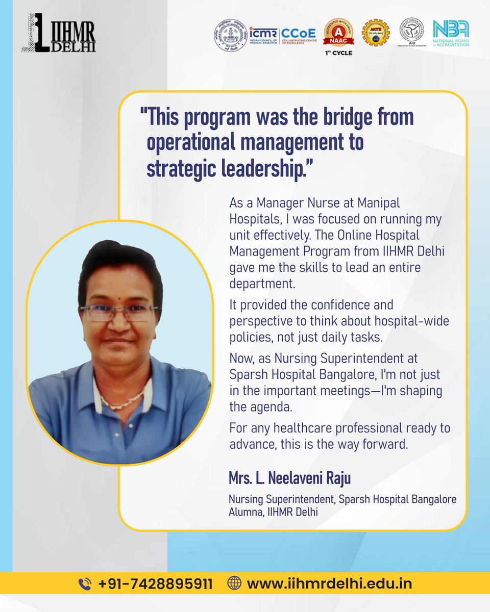 From Manager Nurse to Nursing Superintendent, see how our alumna built her bridge to leadership. Our Online Hospital Management Program pairs clinical experience with the strategic skills needed to advance.

Apply now

iihmrdelhi.edu.in/aicte-online-p…

Call us at - 7428895911