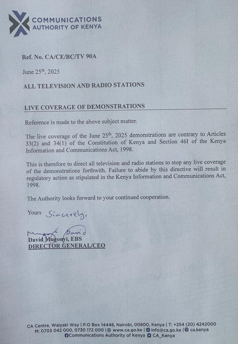 husseindgcomm's tweet image. Communications Authority orders ALL television and radio stations to stop coverage of the ongoing June 25 anniversary protests.