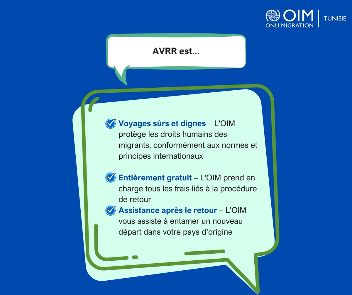 Nations unies Tunisie (@nutunisie) on Twitter photo 🔁 Vous souhaitez rentrer volontairement dans votre pays d’origine ?
Le programme d'aide au retour volontaire et à la réintégration #AVRR de l'<a href="/IOM_Tunisia/">OIM Tunisie - IOM Tunisia - المنظمة الدولية للهجرة</a> vous accompagne en toute sécurité.
📞Assistance gratuite :
Tunis📍 80 101 566
Sfax📍 80 105 561
#retourvolontaire #Migration 🔁 Vous souhaitez rentrer volontairement dans votre pays d’origine ?
Le programme d'aide au retour volontaire et à la réintégration #AVRR de l'<a href="/IOM_Tunisia/">OIM Tunisie - IOM Tunisia - المنظمة الدولية للهجرة</a> vous accompagne en toute sécurité.
📞Assistance gratuite :
Tunis📍 80 101 566
Sfax📍 80 105 561
#retourvolontaire #Migration