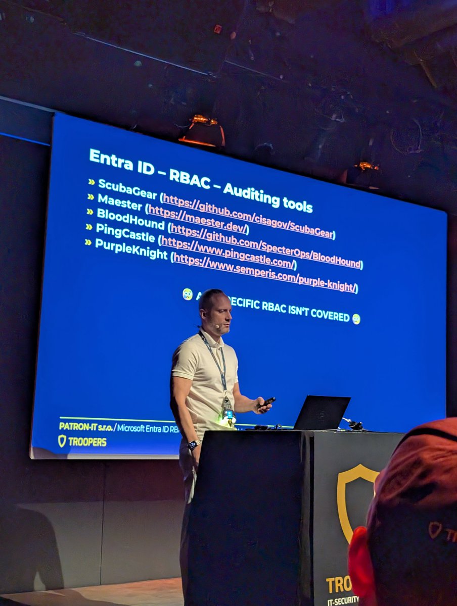Fabian Bader (@fabian_bader) on Twitter photo #maester on stage at <a href="/WEareTROOPERS/">TROOPERS Conference</a> in the talk by <a href="/martinhaller_IT/">Martin Haller</a> on low visibility in RBAC.
No support for RBAC in maester? <a href="/Thomas_Live/">Thomas Naunheim</a> might change that...
cc <a href="/merill/">Merill Fernando</a> #maester on stage at <a href="/WEareTROOPERS/">TROOPERS Conference</a> in the talk by <a href="/martinhaller_IT/">Martin Haller</a> on low visibility in RBAC.
No support for RBAC in maester? <a href="/Thomas_Live/">Thomas Naunheim</a> might change that...
cc <a href="/merill/">Merill Fernando</a>