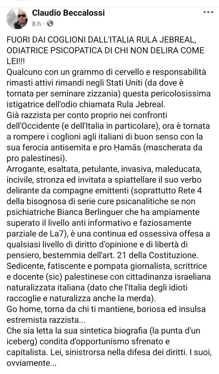 Questo post, che il neo direttore del “Giornale dei Veronesi” ha ora cancellato ma di cui non potrà negare l’esistenza, è una incitazione diretta all’odio e al razzismo nei confronti di <a href="/rulajebreal/">Rula Jebreal</a>. Si chiama deumanizzazione - notare come vengono psichiatrizzate sia Rula sia