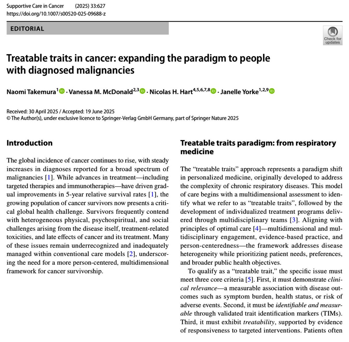 DrNicolasHart's tweet image. Our new paper, led by @CancerCareMASCC Survivorship Fellow, @NaomiTakemura - introducing the ‘treatable traits’ paradigm to cancer care: link.springer.com/article/10.100…
A treatable trait must:-
1. Have Clinical Relevance.
2. Identifiable and Measurable.
3. Evidence-based Interventions.