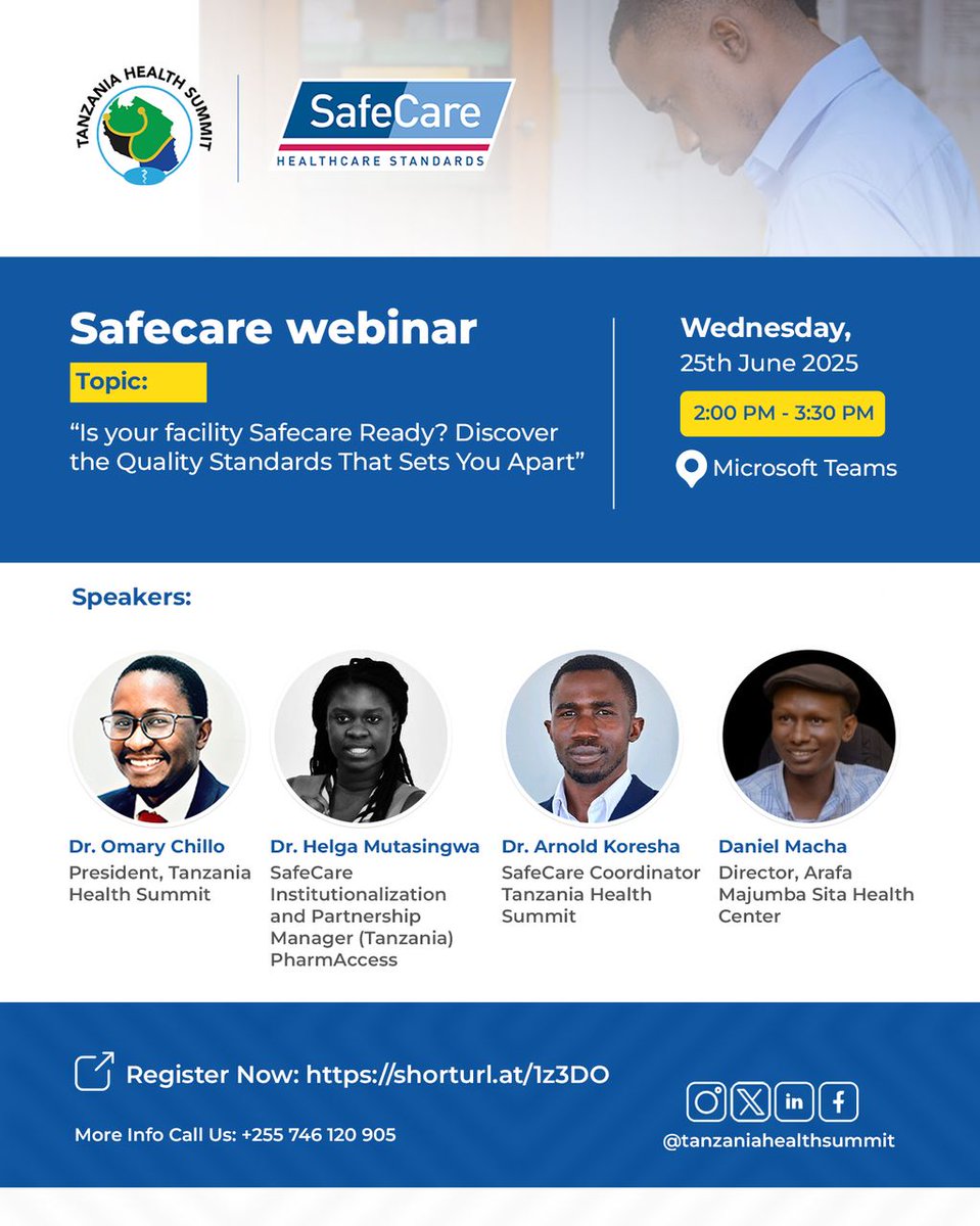 OLOMY (@olomy13) on Twitter photo Join the SafeCare Webinar on June 25, 2025, from 2:00–3:30 PM EAT via Microsoft Teams to explore quality standards with experts from THS <a href="/TzHealthSummit/">Tanzania Health Summit</a>, PharmAccess <a href="/pharmaccesstz/">pharmaccesstz</a> , and frontline healthcare.
Tap here to join: events.teams.microsoft.com/event/48aa2e1d…
#THS2025 #SafeCare Join the SafeCare Webinar on June 25, 2025, from 2:00–3:30 PM EAT via Microsoft Teams to explore quality standards with experts from THS <a href="/TzHealthSummit/">Tanzania Health Summit</a>, PharmAccess <a href="/pharmaccesstz/">pharmaccesstz</a> , and frontline healthcare.
Tap here to join: events.teams.microsoft.com/event/48aa2e1d…
#THS2025 #SafeCare