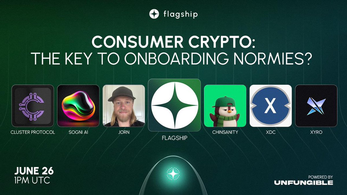 CONSUMER CRYPTO: THE KEY TO ONBOARDING NORMIES? 
 
<a href="/JornvanFlagship/">Jorn | CEO Flagship.fyi</a> and a panel of top builders will be dropping serious alpha in our upcoming Spaces.

We’ll be talking about what it really takes to make Web3 simple, engaging, and ready for your neighbour.

🗓 June 26
🕐 1PM UTC