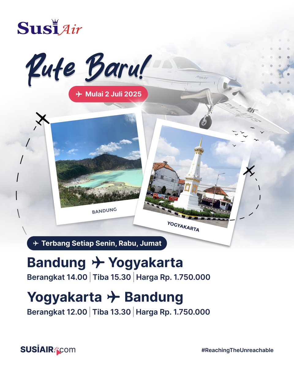 susiair's tweet photo. Quick Trip dari Bandung ke Jogja cuma 1 jam! Mulai 2 Juli 2025, Susi Air akan membuka penerbangan dari Bandung ke Jogja pulang pergi. Pesan tiketnya melalui website kami di https://t.co/nrXw0bekec atau melalui Traveloka, dan #FlyWithSusiAir sekarang juga!
#SusiAir https://t.co/EUL7pOVble
