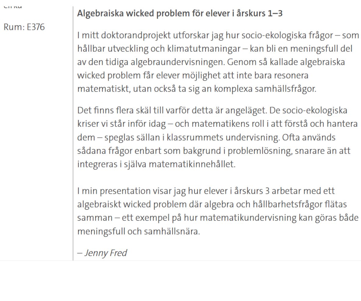 På IÄD:s interna FoU-dag pratade jag om algebraiska wicked problems. Tack kollegor för intressanta frågor!
#fou #algebraiskawickedproblem #earlyalgebra #socioekologiskafrågor