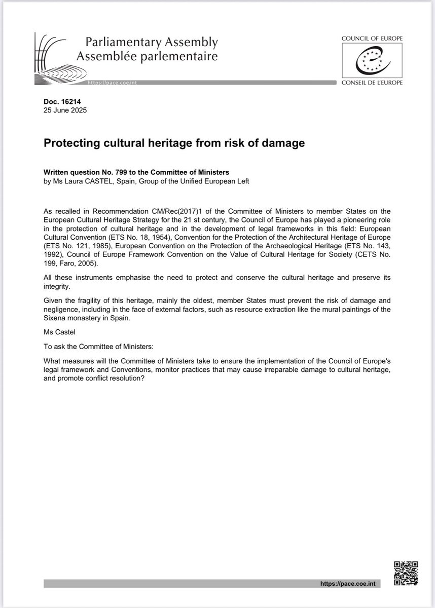 Laura Castel Fort🎗 (@lauracastelfort) on Twitter photo ‼️Preguntem al Comitè de Ministres del <a href="/coe/">Council of Europe</a> sobre #Sixena i el risc de destrucció d’aquest patrimoni cultural de valor incalculable.👇 ‼️Preguntem al Comitè de Ministres del <a href="/coe/">Council of Europe</a> sobre #Sixena i el risc de destrucció d’aquest patrimoni cultural de valor incalculable.👇