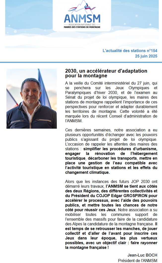 « 2030, un accélérateur d'adaptation pour la montagne » retrouvez l'édito du Président <a href="/jl_boch/">Jean Luc Boch</a> et les dernières actualités des #stations dans la newsletter de l'<a href="/anmsm/">ANMSM</a>
👉 lc.cx/3fkaM2